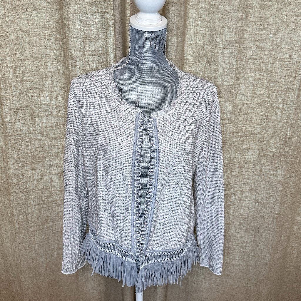 Nic+Zoe Tweed Jacket, Braiding And Fringe Detail At Hemline, Size L